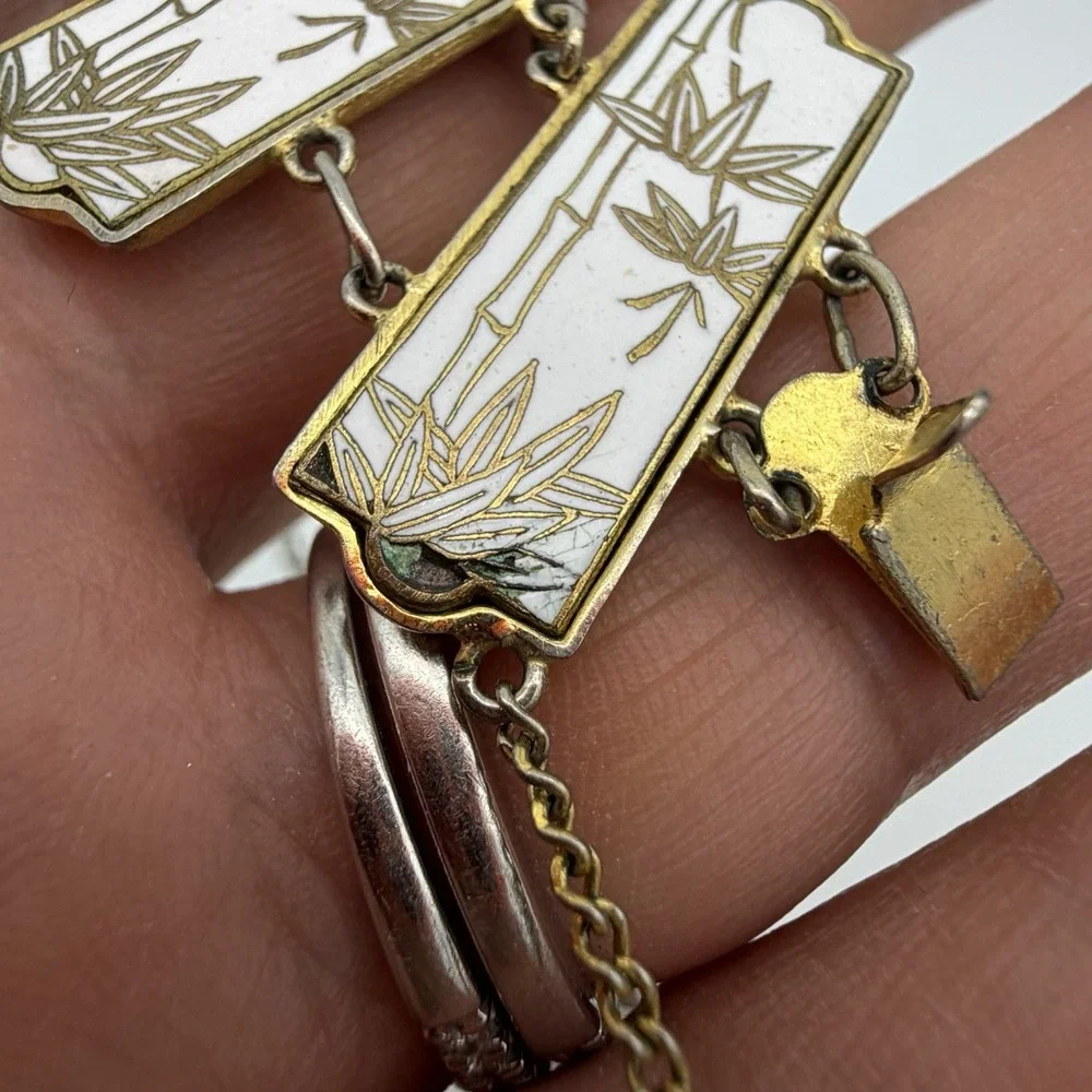 Vintage Japanese Satsuma Bamboo Bracelet Inlay Link Panel Security Chain Read